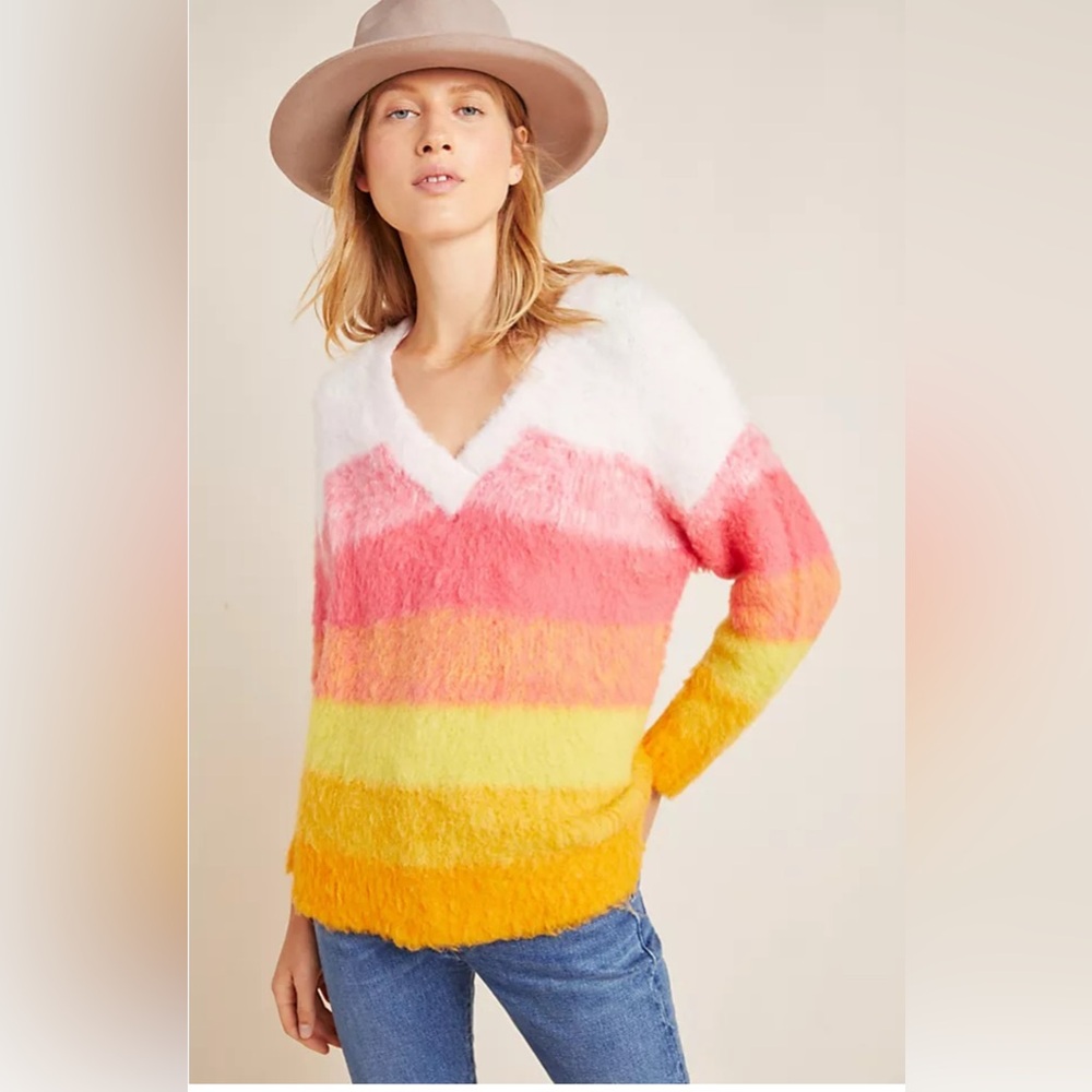Anthropologie Pink and Yellow V-Neck Sweater